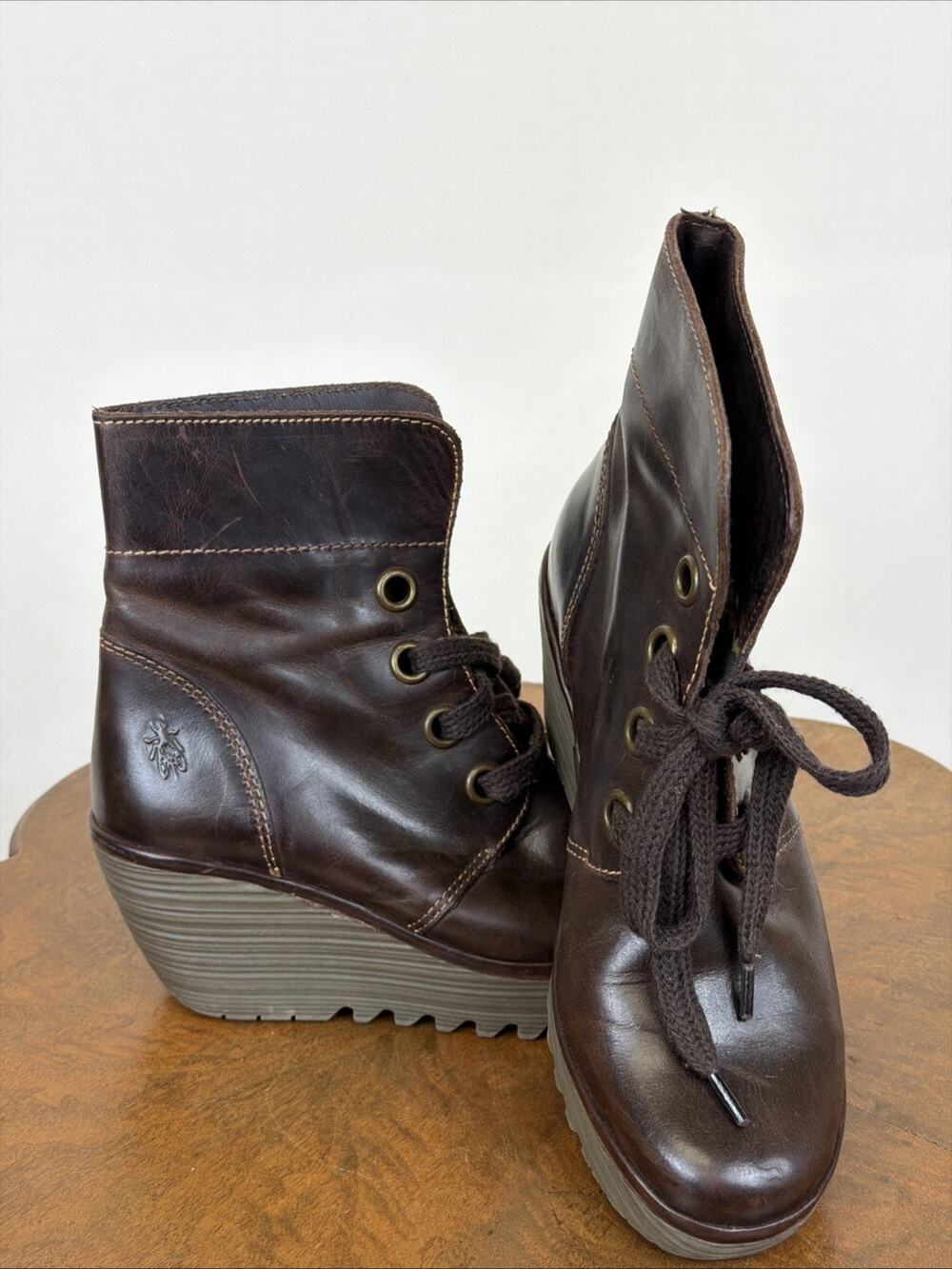 Fly London Brown Boots Women Wedge Bootie Brown Leather Lace Up Boots Ladies 37